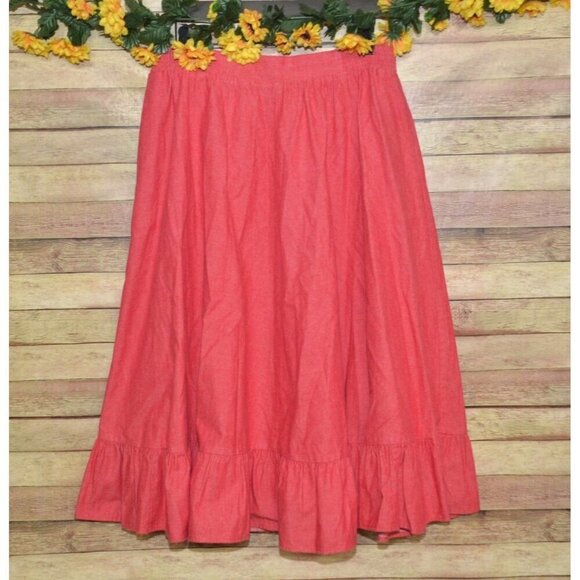Vintage Ladies 14 L Red Denim Maxi Skirt Elastic Waist Modest Western Prairie - Picture 4 of 11